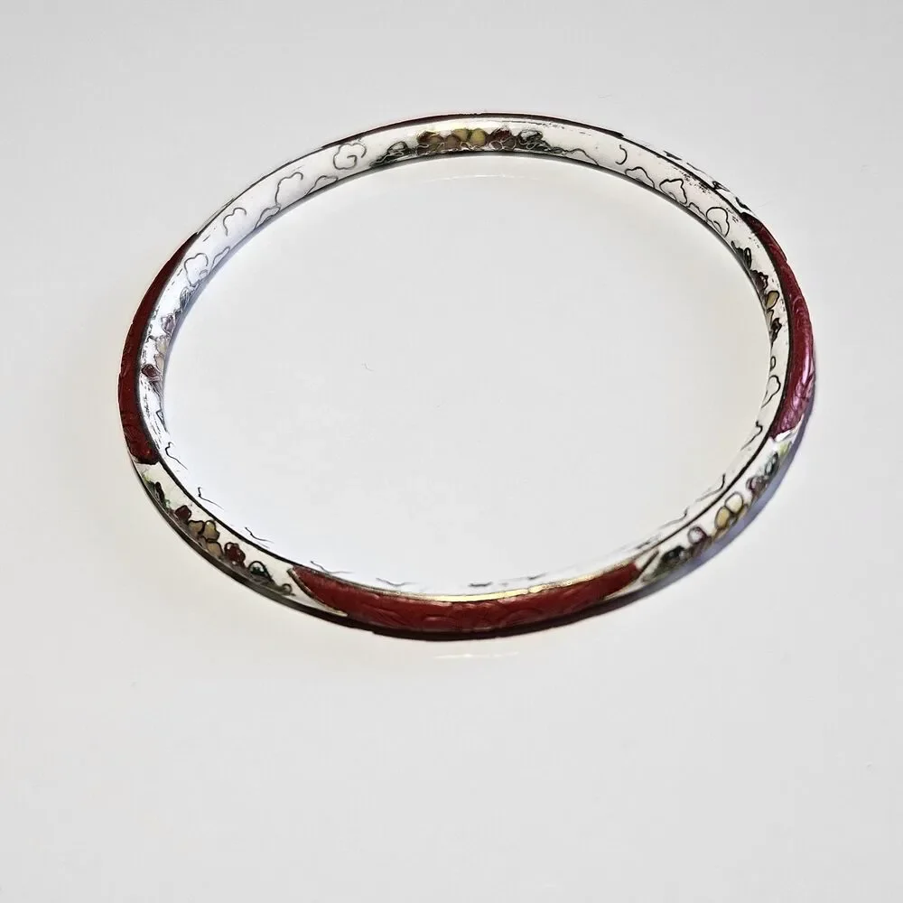 Gold Tone Vntg Carved Red Cinnabar White Cloisonne Bracelet 7.75